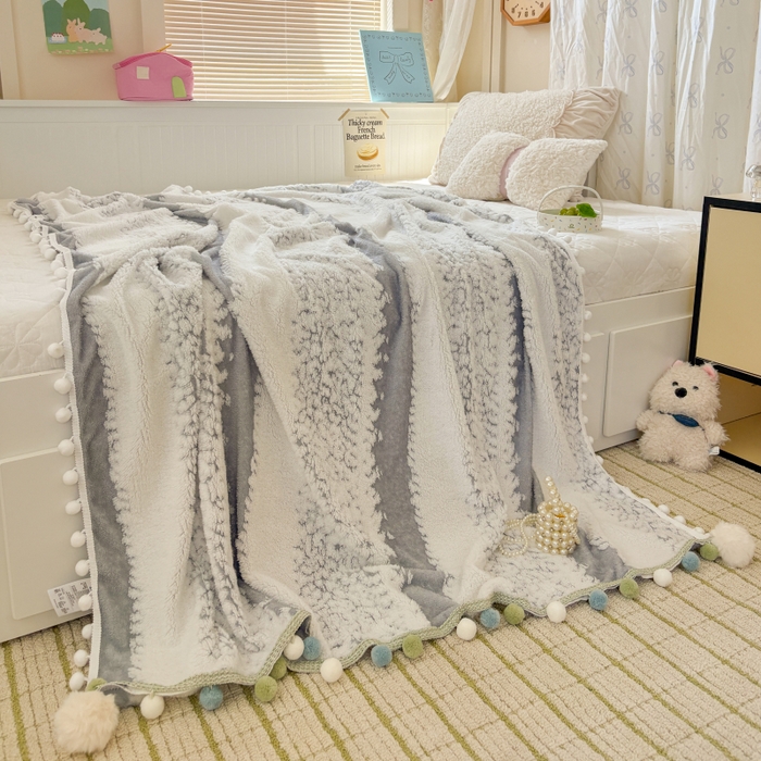 91家纺网 家纺一手货源 找家纺 潮邦创意家居 2025新款250G双色阳离子提花手工小球毯毛毯毯子暖球絮语 暖球絮语-星灰