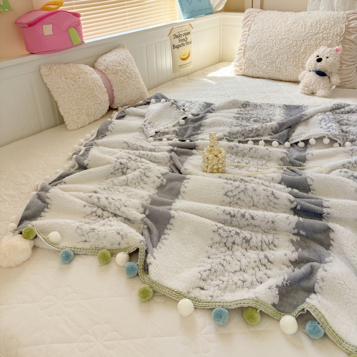 91家纺网 家纺一手货源 找家纺 潮邦创意家居 2025新款250G双色阳离子提花手工小球毯毛毯毯子暖球絮语 暖球絮语-星灰