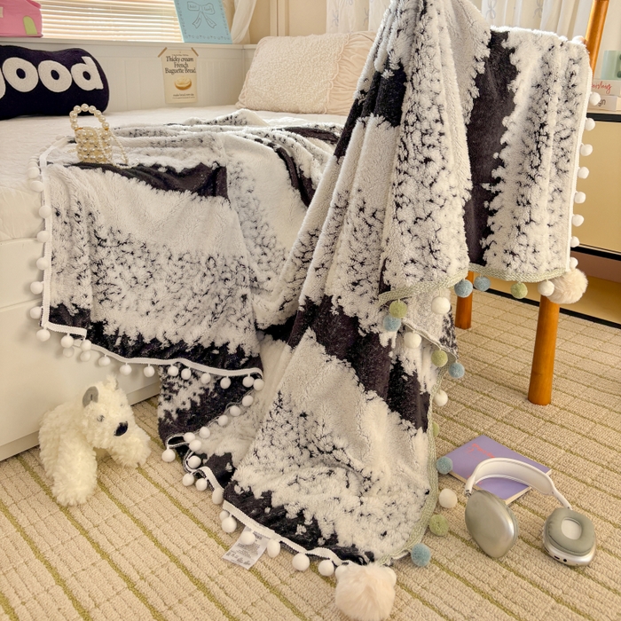 91家纺网 家纺一手货源 找家纺 潮邦创意家居 2025新款250G双色阳离子提花手工小球毯毛毯毯子暖球絮语 暖球絮语-耀黑