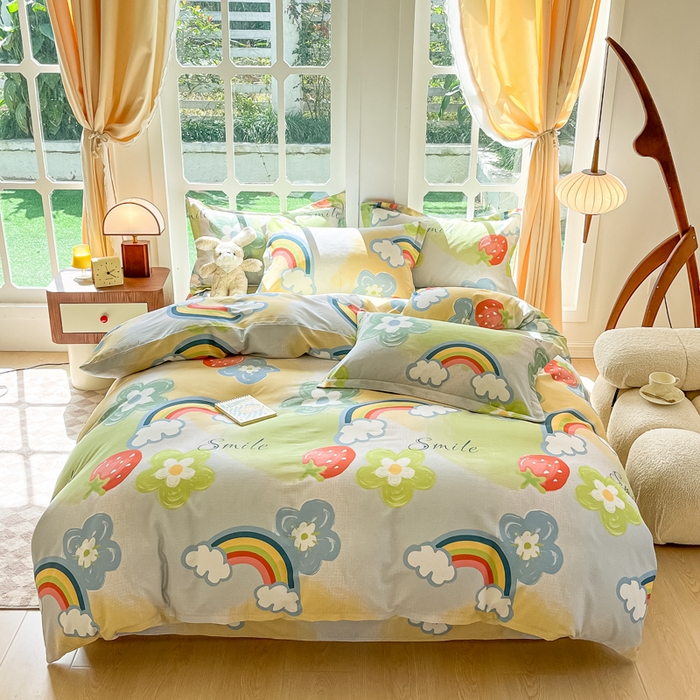 91家纺网 家纺一手货源 找家纺 眠博士 2025新款全棉混纺生态磨毛印花四件套 磨毛四件套-彩虹草莓