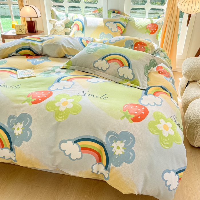 91家纺网 家纺一手货源 找家纺 眠博士 2025新款全棉混纺生态磨毛印花四件套 磨毛四件套-彩虹草莓