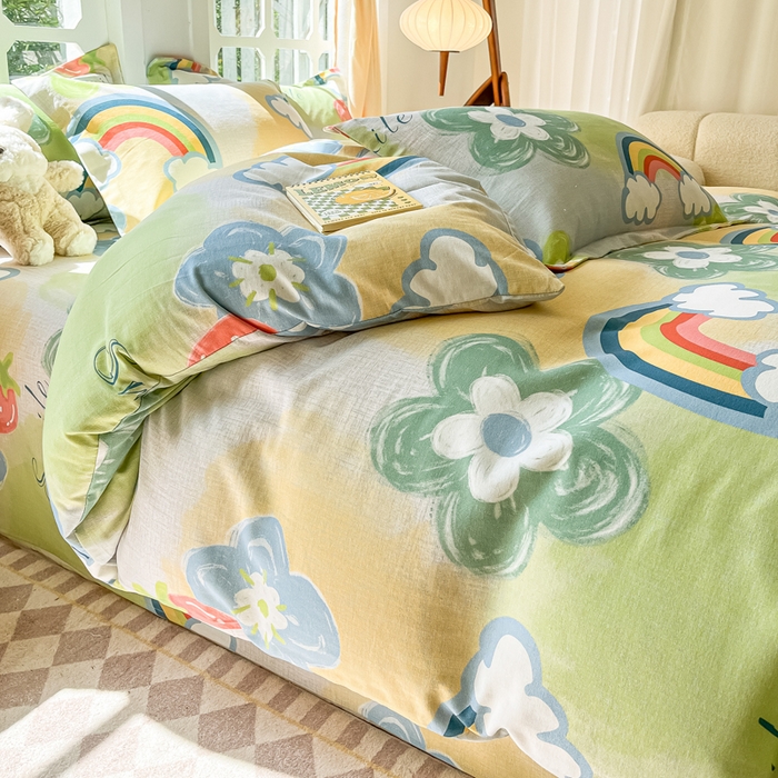 91家纺网 家纺一手货源 找家纺 眠博士 2025新款全棉混纺生态磨毛印花四件套 磨毛四件套-彩虹草莓