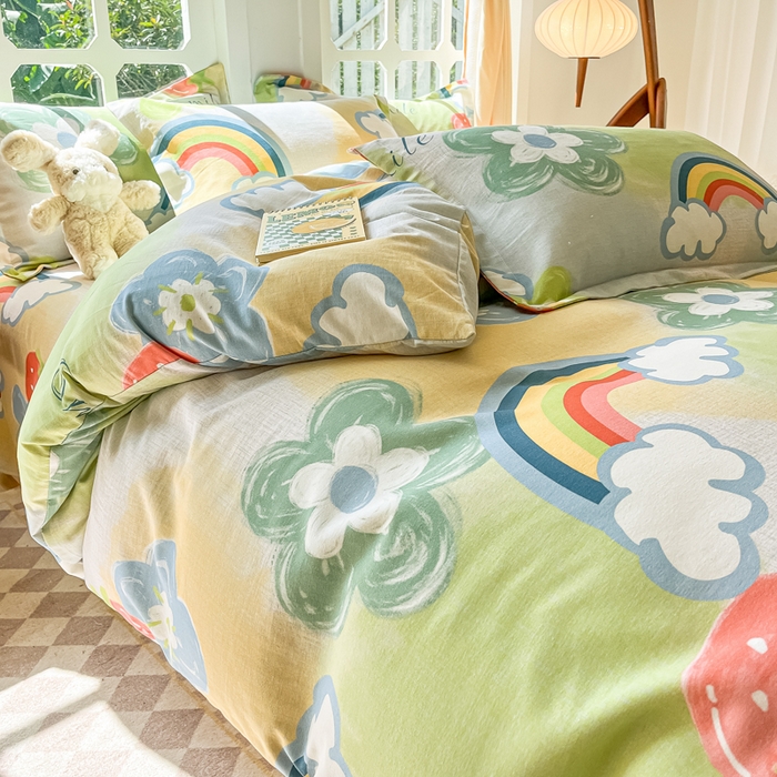 91家纺网 家纺一手货源 找家纺 眠博士 2025新款全棉混纺生态磨毛印花四件套 磨毛四件套-彩虹草莓