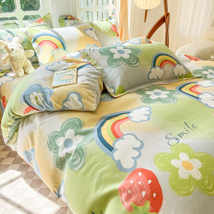 91家纺网 家纺一手货源 找家纺 眠博士 2025新款全棉混纺生态磨毛印花四件套 磨毛四件套-彩虹草莓