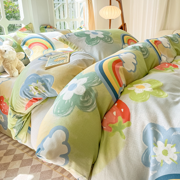 91家纺网 家纺一手货源 找家纺 眠博士 2025新款全棉混纺生态磨毛印花四件套 磨毛四件套-彩虹草莓