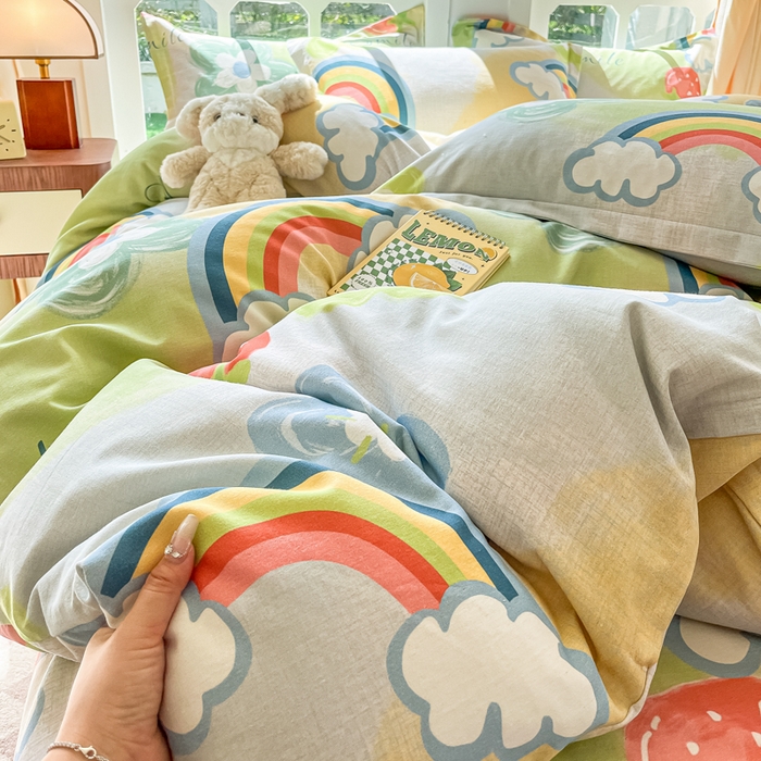 91家纺网 家纺一手货源 找家纺 眠博士 2025新款全棉混纺生态磨毛印花四件套 磨毛四件套-彩虹草莓