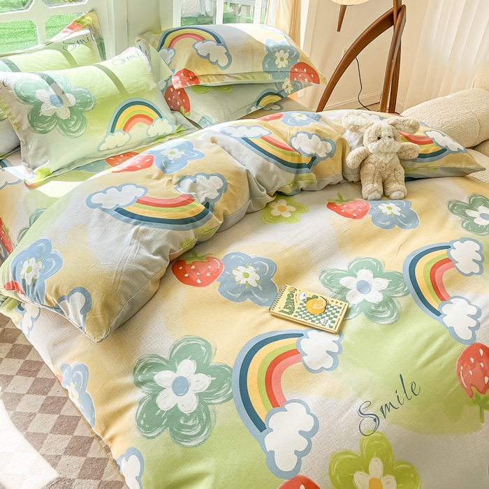 91家纺网 家纺一手货源 找家纺 眠博士 2025新款全棉混纺生态磨毛印花四件套 磨毛四件套-彩虹草莓