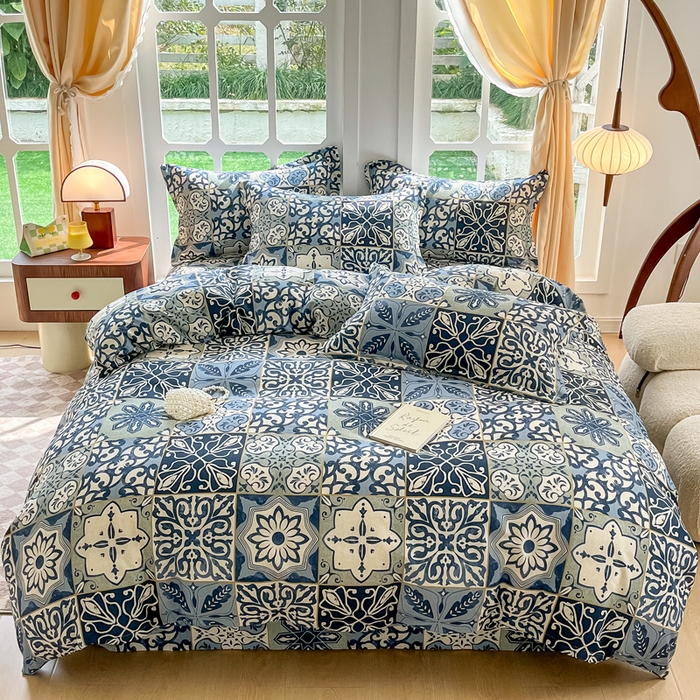 91家纺网 家纺一手货源 找家纺 眠博士 2025新款全棉混纺生态磨毛印花四件套 磨毛四件套-浪漫蓝布