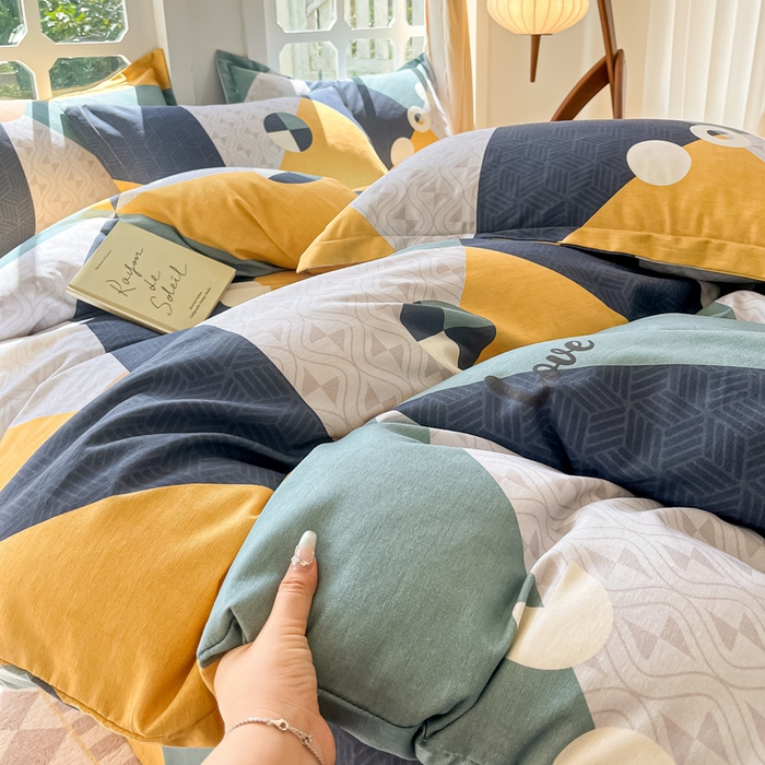 91家纺网 家纺一手货源 找家纺 眠博士 2025新款全棉混纺生态磨毛印花四件套 磨毛四件套-菱形圆