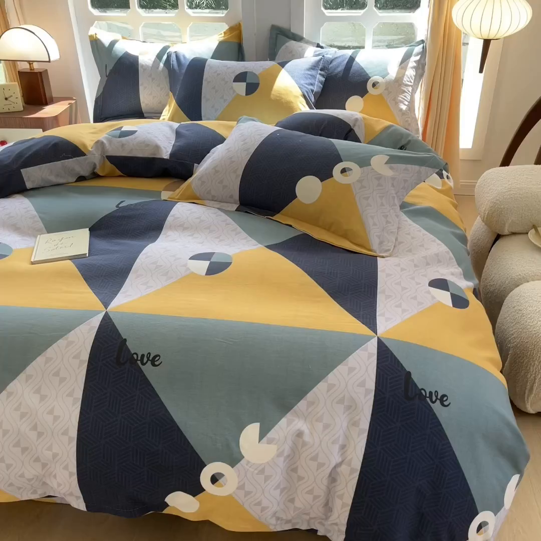 91家纺网 家纺一手货源 找家纺 眠博士 2025新款全棉混纺生态磨毛印花四件套 磨毛四件套-菱形圆