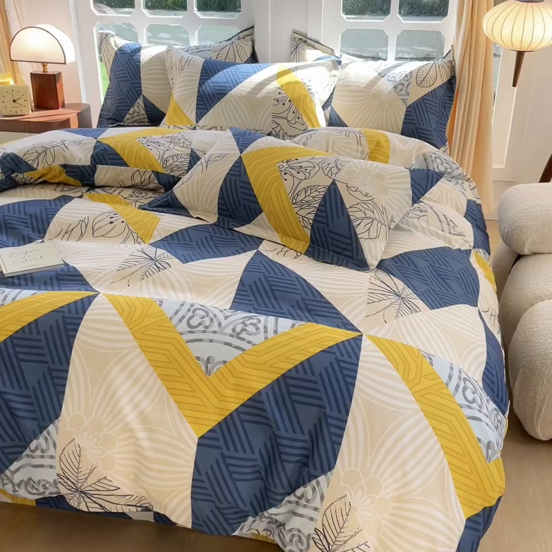 91家纺网 家纺一手货源 找家纺 眠博士 2025新款全棉混纺生态磨毛印花四件套 磨毛四件套-绿叶秋风