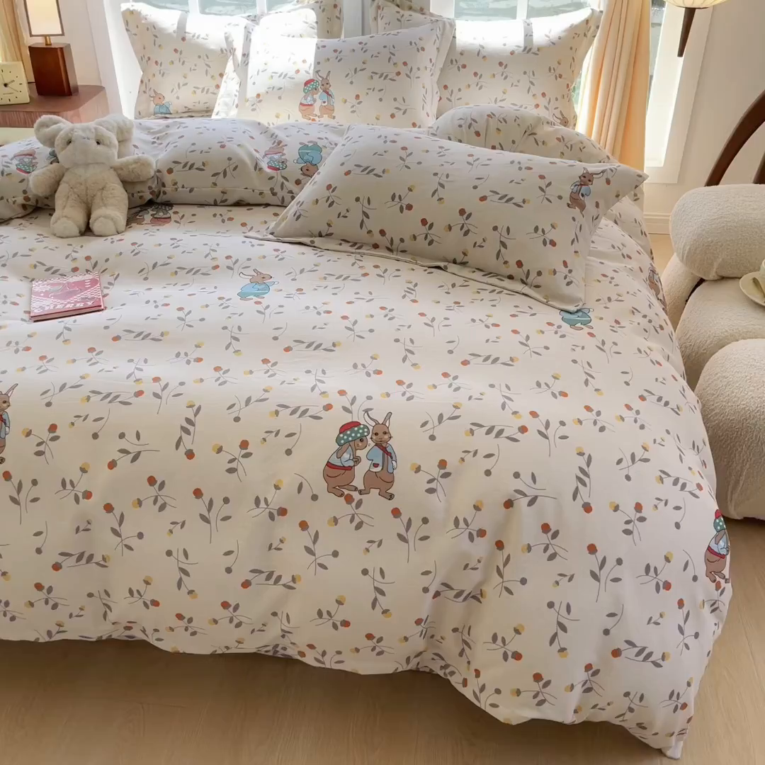 91家纺网 家纺一手货源 找家纺 眠博士 2025新款全棉混纺生态磨毛印花四件套 磨毛四件套-皮特兔