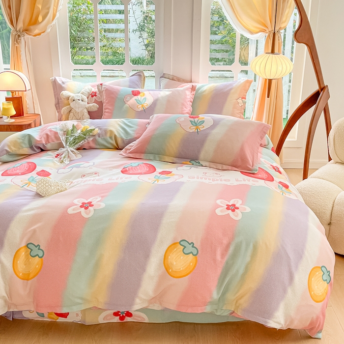 91家纺网 家纺一手货源 找家纺 眠博士 2025新款全棉混纺生态磨毛印花四件套 磨毛四件套-七彩草莓