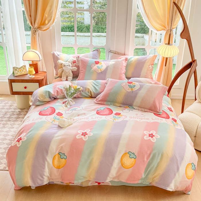 91家纺网 家纺一手货源 找家纺 眠博士 2025新款全棉混纺生态磨毛印花四件套 磨毛四件套-七彩草莓