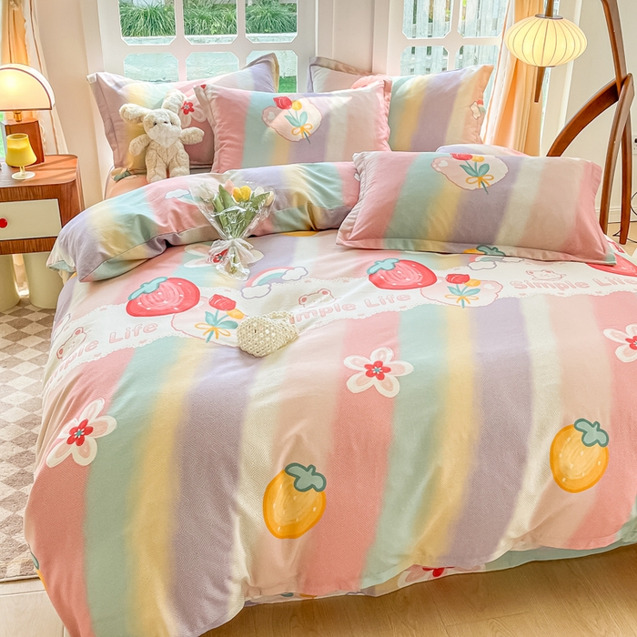 91家纺网 家纺一手货源 找家纺 眠博士 2025新款全棉混纺生态磨毛印花四件套 磨毛四件套-七彩草莓