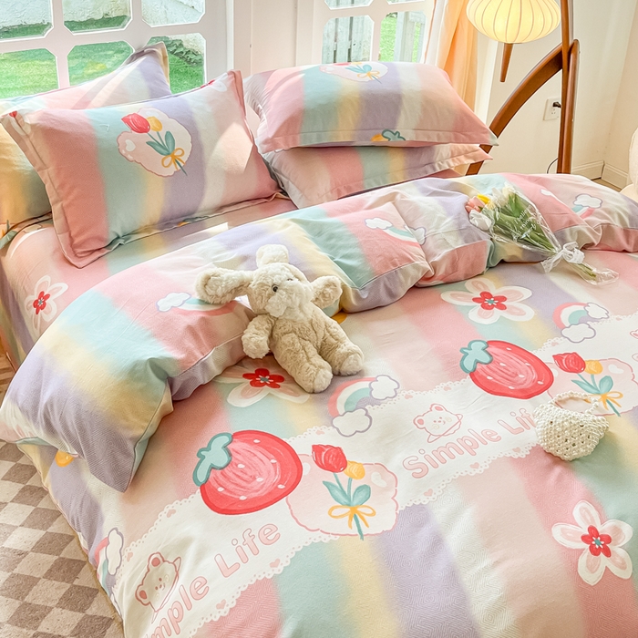 91家纺网 家纺一手货源 找家纺 眠博士 2025新款全棉混纺生态磨毛印花四件套 磨毛四件套-七彩草莓