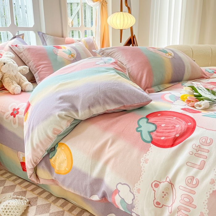 91家纺网 家纺一手货源 找家纺 眠博士 2025新款全棉混纺生态磨毛印花四件套 磨毛四件套-七彩草莓