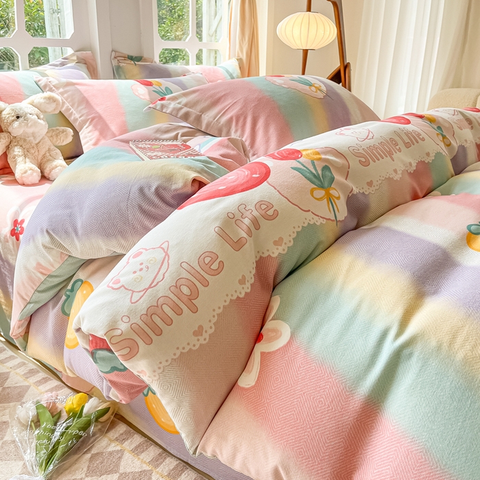 91家纺网 家纺一手货源 找家纺 眠博士 2025新款全棉混纺生态磨毛印花四件套 磨毛四件套-七彩草莓