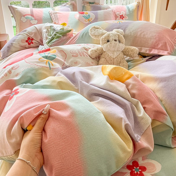 91家纺网 家纺一手货源 找家纺 眠博士 2025新款全棉混纺生态磨毛印花四件套 磨毛四件套-七彩草莓