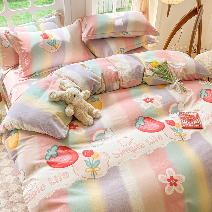 91家纺网 家纺一手货源 找家纺 眠博士 2025新款全棉混纺生态磨毛印花四件套 磨毛四件套-七彩草莓