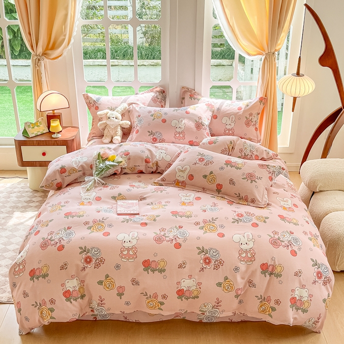 91家纺网 家纺一手货源 找家纺 眠博士 2025新款全棉混纺生态磨毛印花四件套 磨毛四件套-兔姑娘