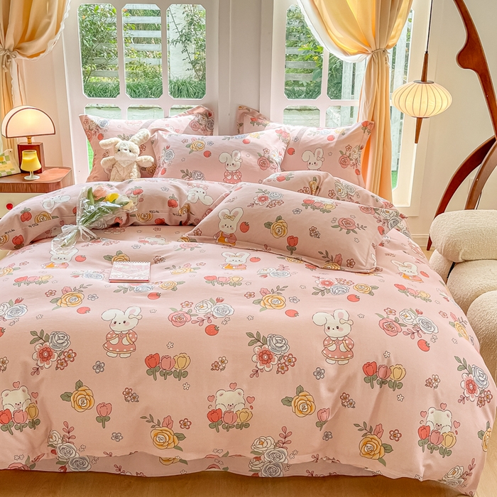 91家纺网 家纺一手货源 找家纺 眠博士 2025新款全棉混纺生态磨毛印花四件套 磨毛四件套-兔姑娘