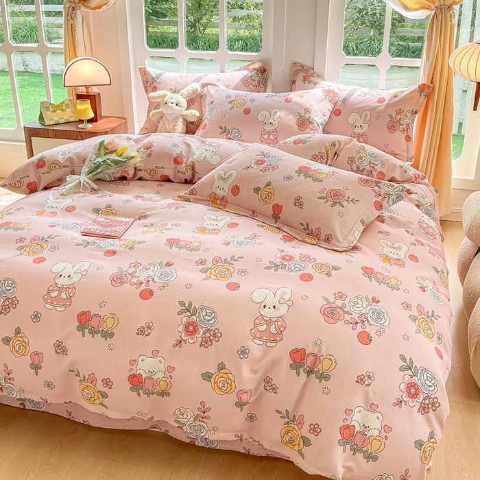 91家纺网 家纺一手货源 找家纺 眠博士 2025新款全棉混纺生态磨毛印花四件套 磨毛四件套-兔姑娘