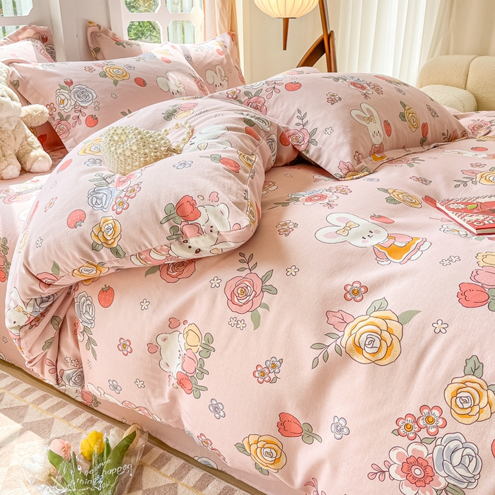 91家纺网 家纺一手货源 找家纺 眠博士 2025新款全棉混纺生态磨毛印花四件套 磨毛四件套-兔姑娘