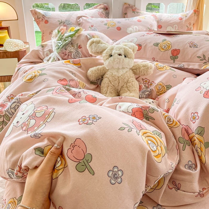 91家纺网 家纺一手货源 找家纺 眠博士 2025新款全棉混纺生态磨毛印花四件套 磨毛四件套-兔姑娘