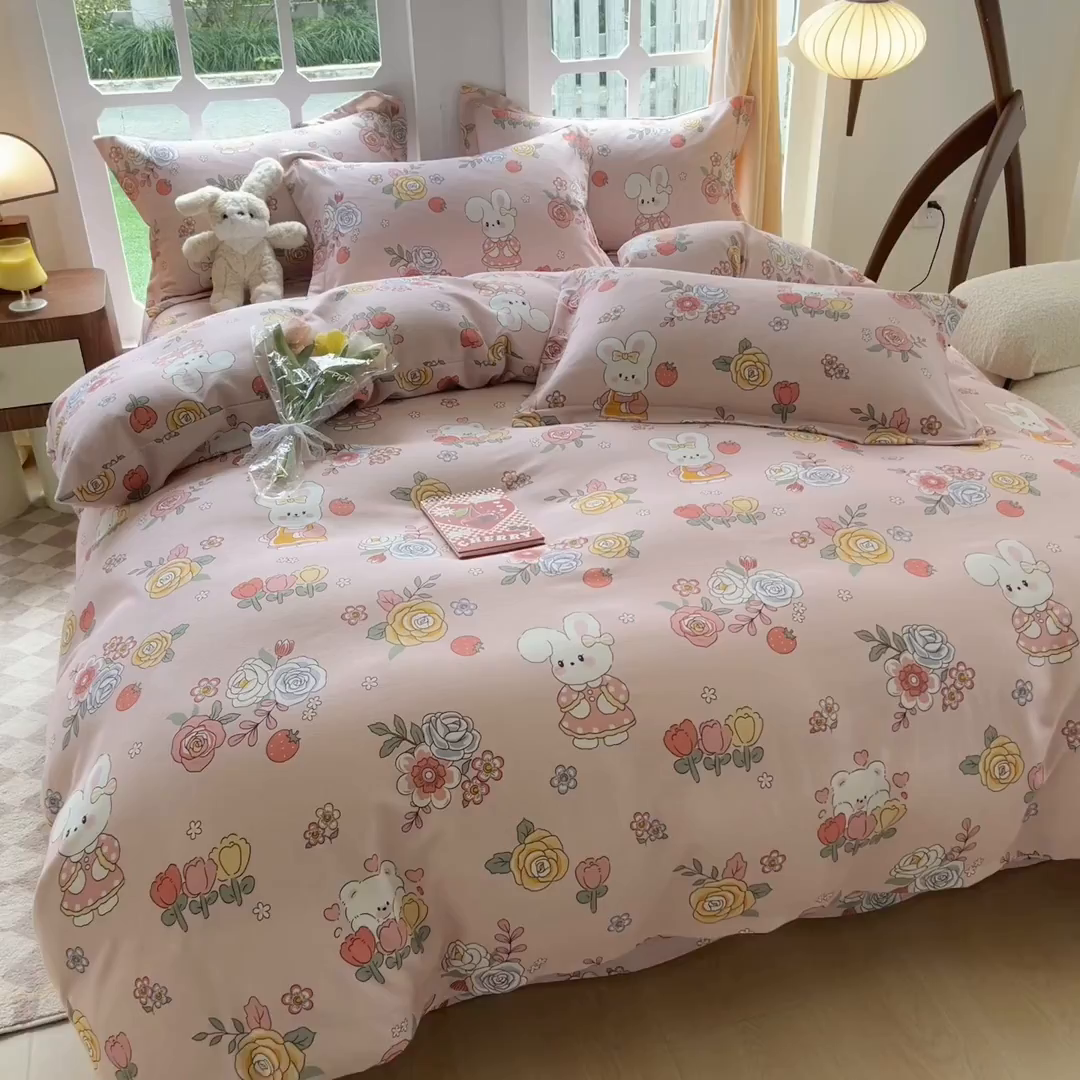 91家纺网 家纺一手货源 找家纺 眠博士 2025新款全棉混纺生态磨毛印花四件套 磨毛四件套-兔姑娘