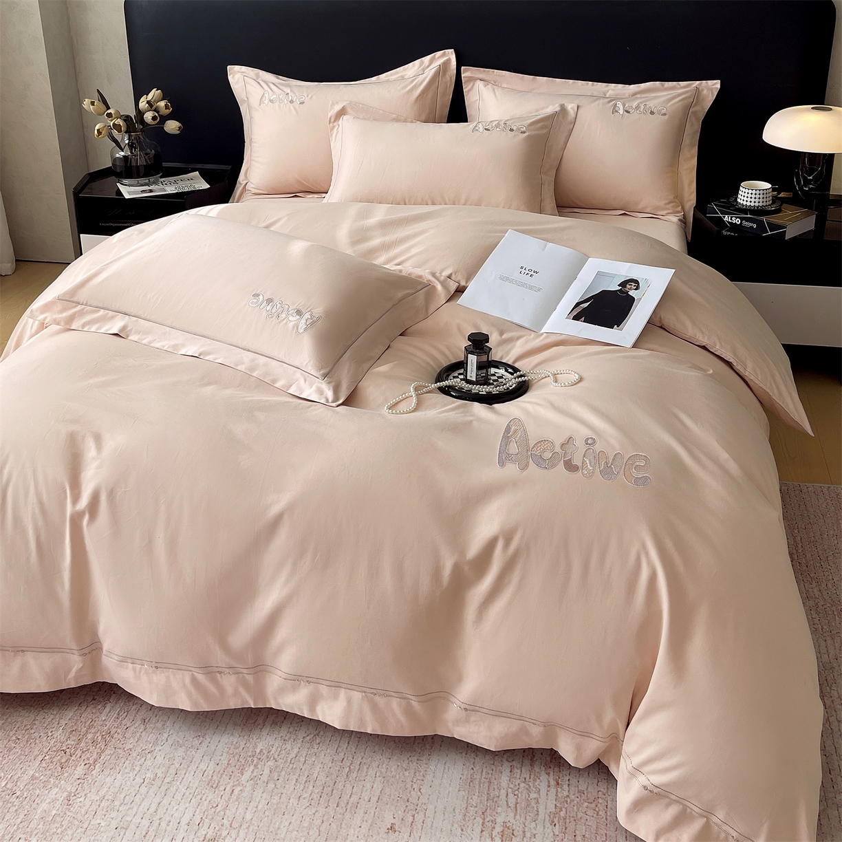 91家纺网 家纺一手货源 找家纺 鼎飞家纺 2025秋冬新款长绒棉纯棉磨毛绣花拼接四件套-以纯系列 以纯-粉玉