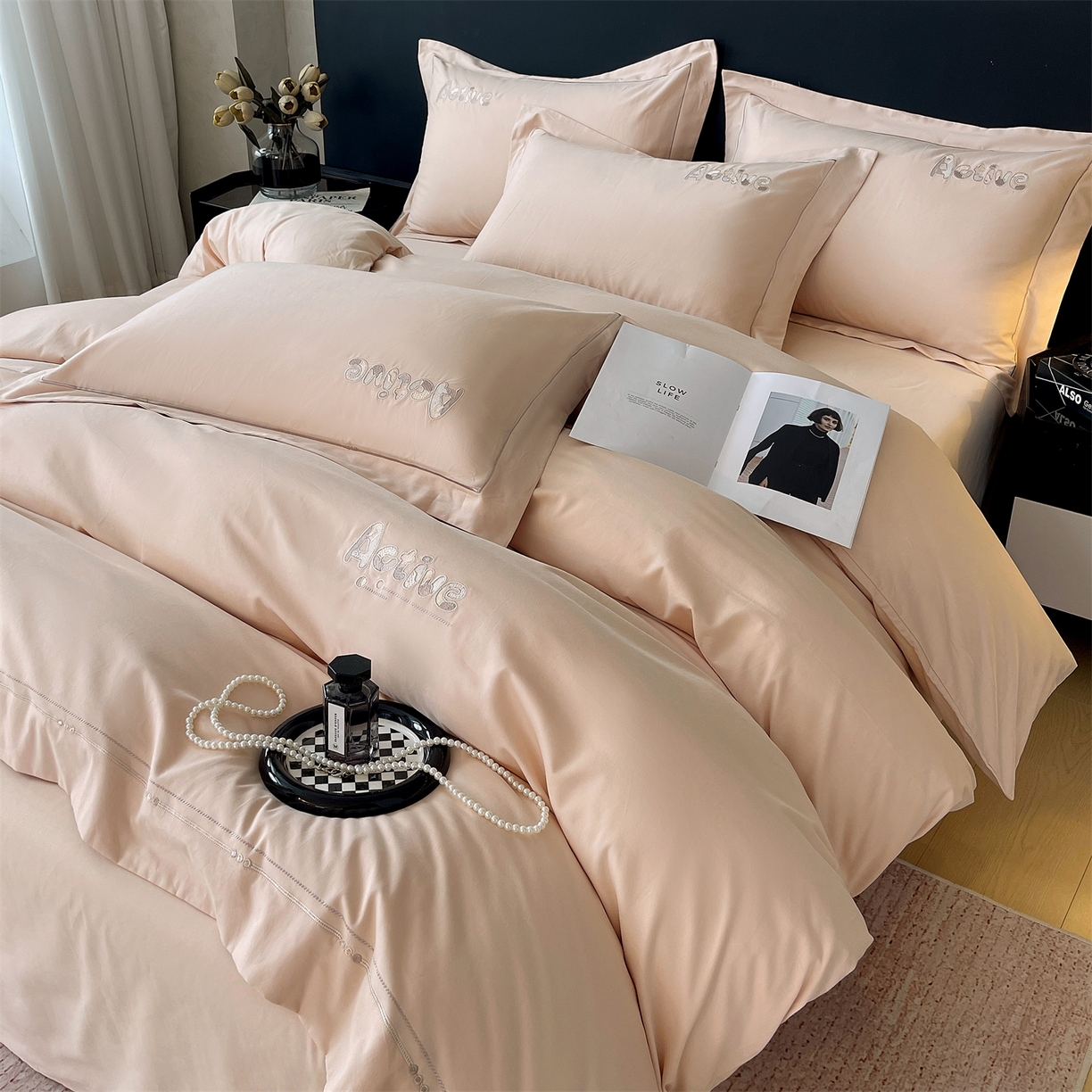 91家纺网 家纺一手货源 找家纺 鼎飞家纺 2025秋冬新款长绒棉纯棉磨毛绣花拼接四件套-以纯系列 以纯-粉玉