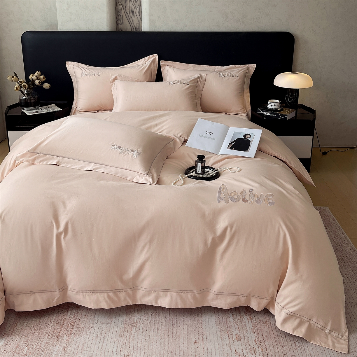 91家纺网 家纺一手货源 找家纺 鼎飞家纺 2025秋冬新款长绒棉纯棉磨毛绣花拼接四件套-以纯系列 以纯-粉玉