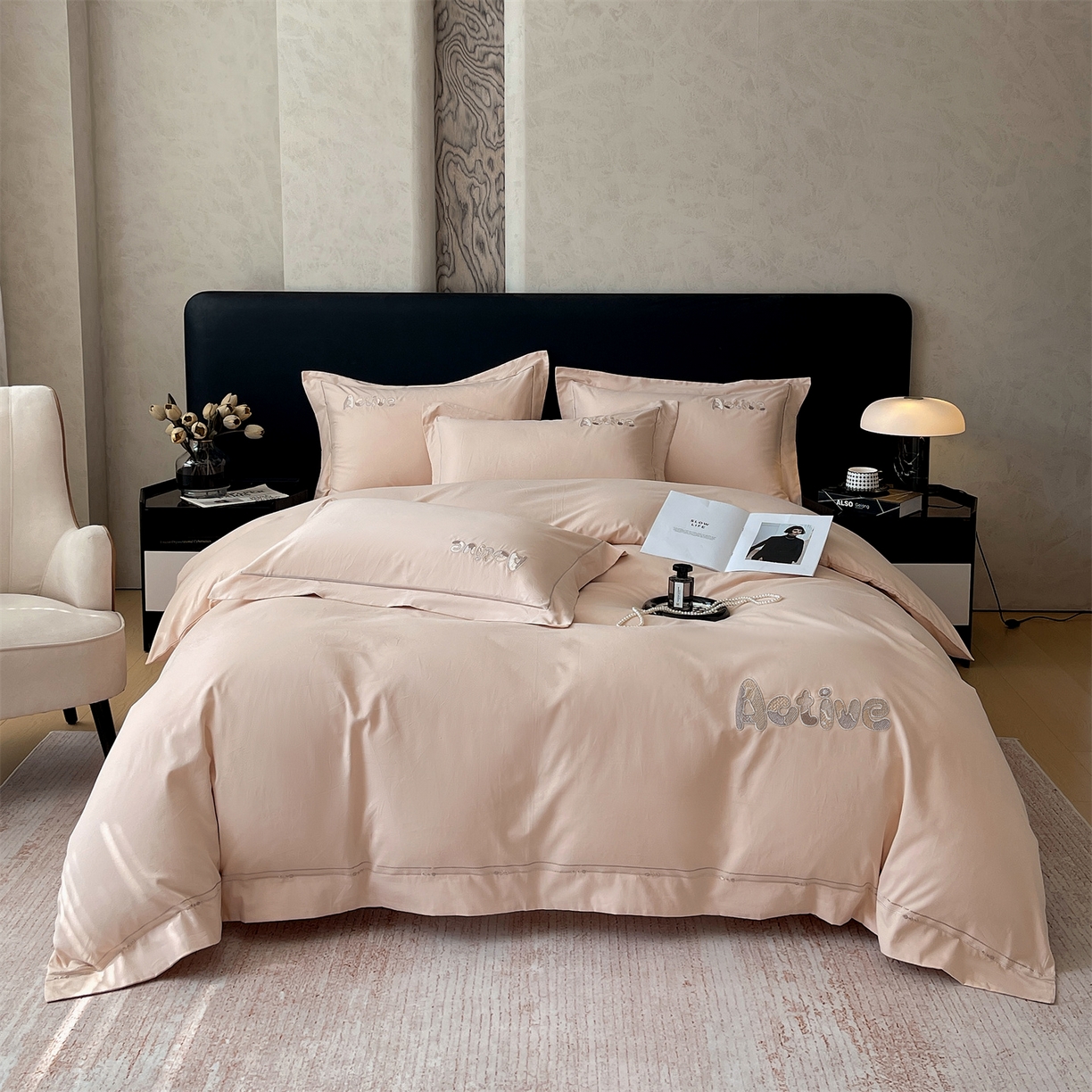 91家纺网 家纺一手货源 找家纺 鼎飞家纺 2025秋冬新款长绒棉纯棉磨毛绣花拼接四件套-以纯系列 以纯-粉玉