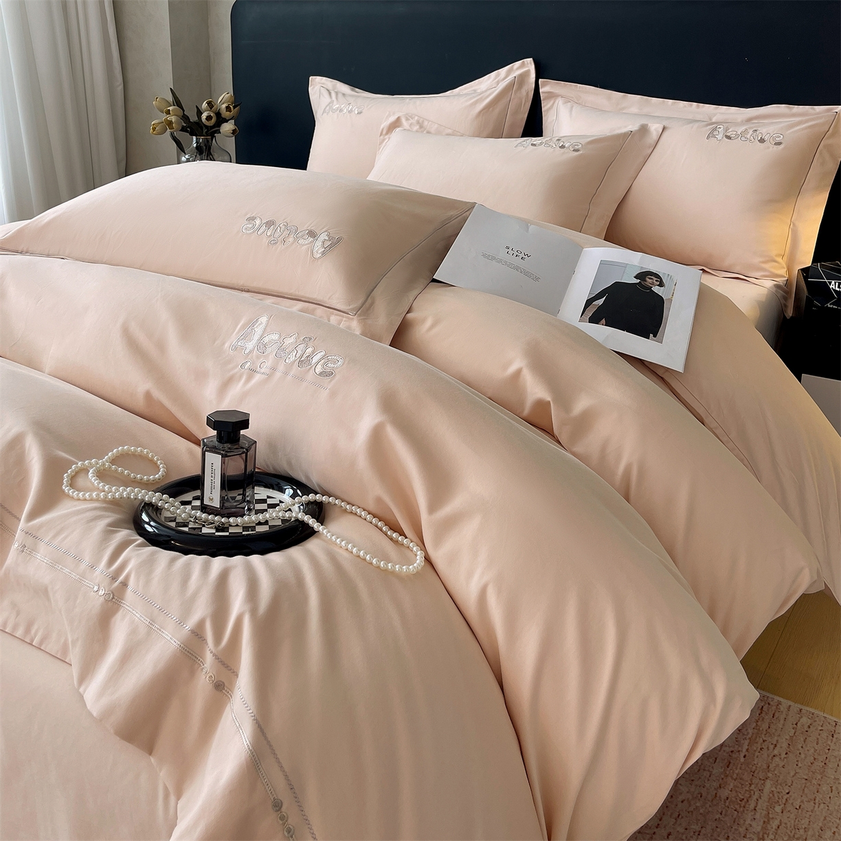 鼎飞家纺 2025秋冬新款长绒棉纯棉磨毛绣花拼接四件套-以纯系列 以纯-粉玉