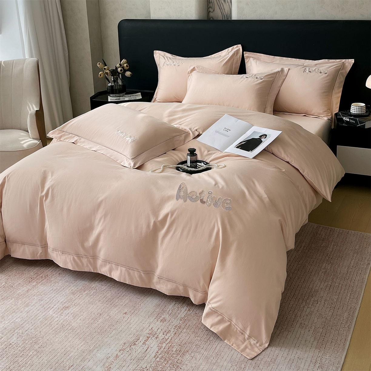 91家纺网 家纺一手货源 找家纺 鼎飞家纺 2025秋冬新款长绒棉纯棉磨毛绣花拼接四件套-以纯系列 以纯-粉玉