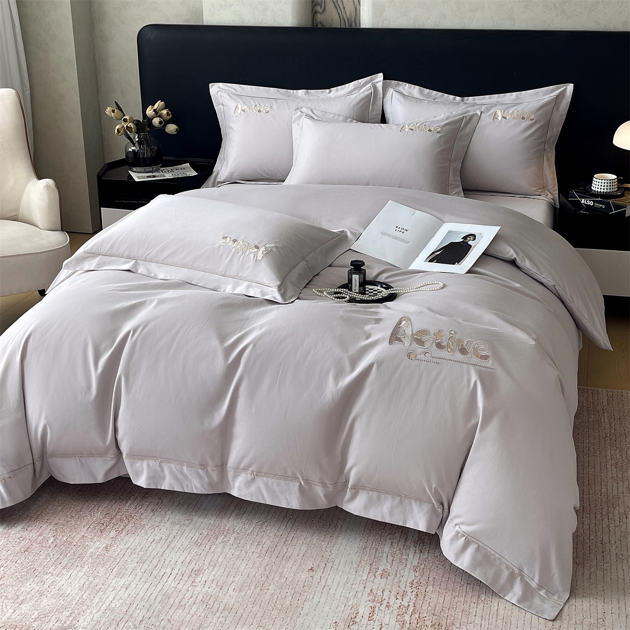 91家纺网 家纺一手货源 找家纺 鼎飞家纺 2025秋冬新款长绒棉纯棉磨毛绣花拼接四件套-以纯系列 以纯-浅灰