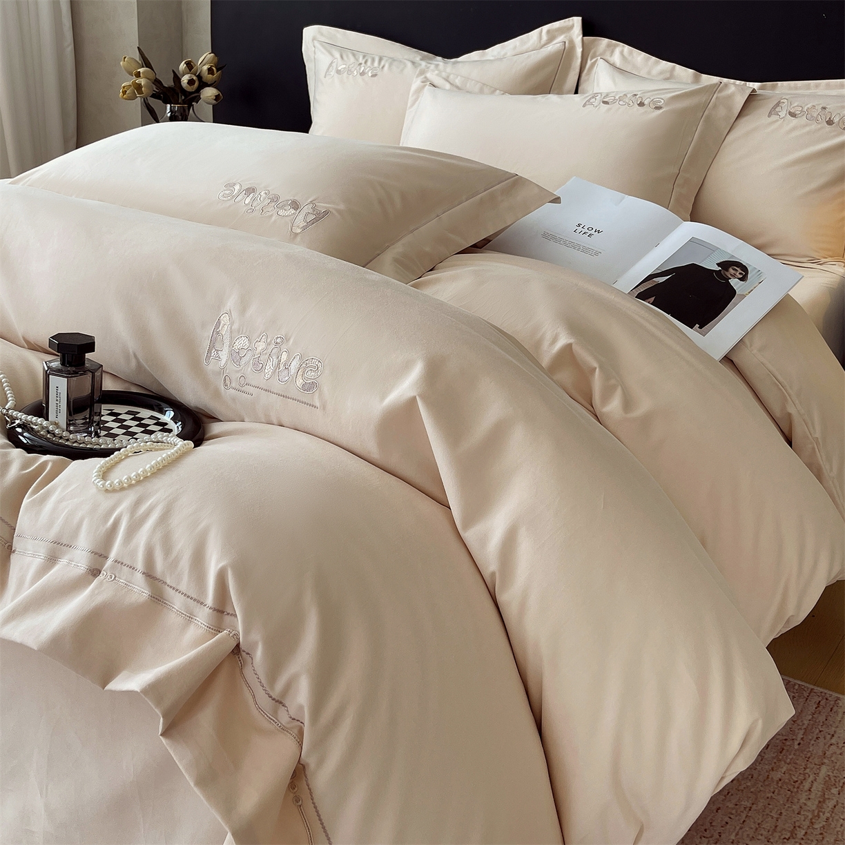 鼎飞家纺 2025秋冬新款长绒棉纯棉磨毛绣花拼接四件套-以纯系列 以纯-米咖