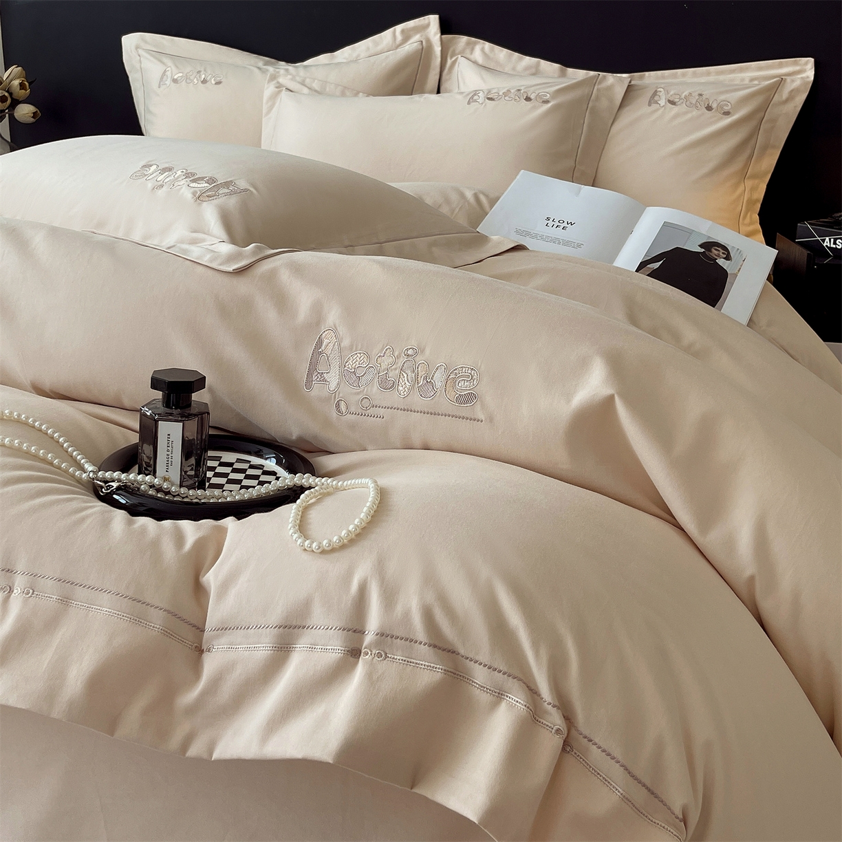 91家纺网 家纺一手货源 找家纺 鼎飞家纺 2025秋冬新款长绒棉纯棉磨毛绣花拼接四件套-以纯系列 以纯-米咖