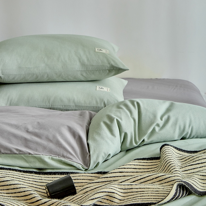 91家纺网 家纺一手货源 找家纺 （总）贝尔 2025新款双拼全棉纯色素色色织磨毛加厚四件套