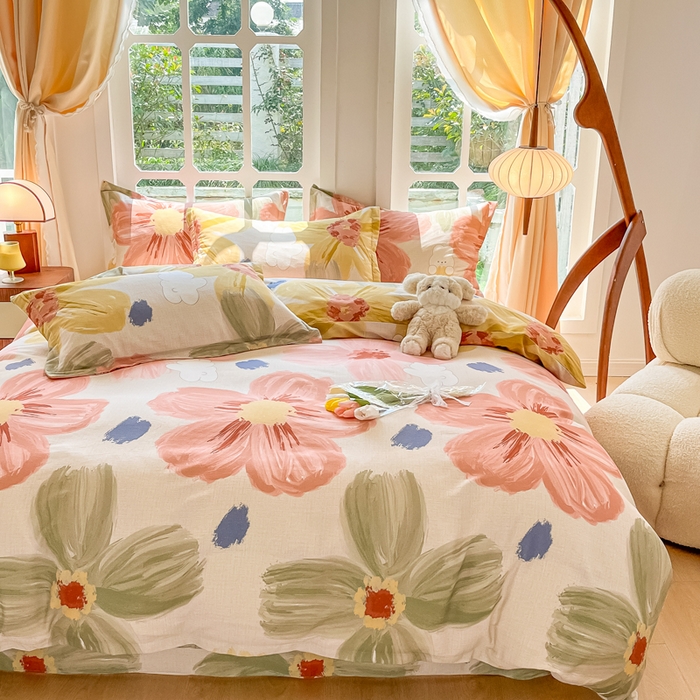 91家纺网 家纺一手货源 找家纺 眠博士 2025新款全棉混纺生态磨毛印花四件套 磨毛四件套-油画花