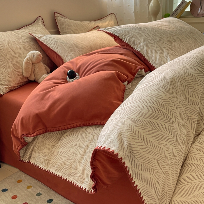 91家纺网 家纺一手货源 找家纺 如一 2025新款加厚全棉磨毛三角针四件套 原野-桔