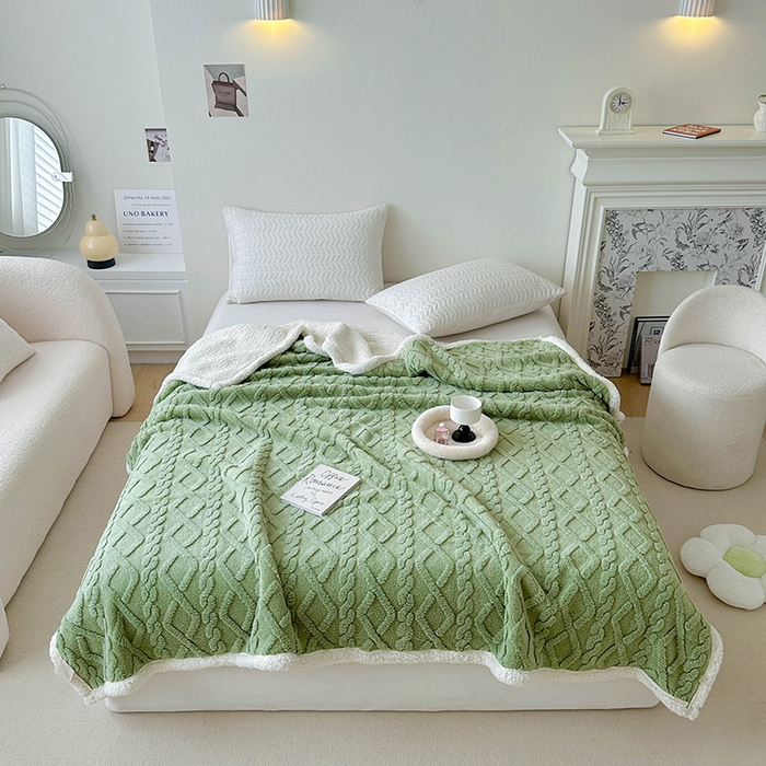 91家纺网 家纺一手货源 找家纺 梵希良品家纺 2025新款新款塔芙绒羊羔绒双层毯子加厚盖毯办公室午休沙发毯毯子 绿茶色