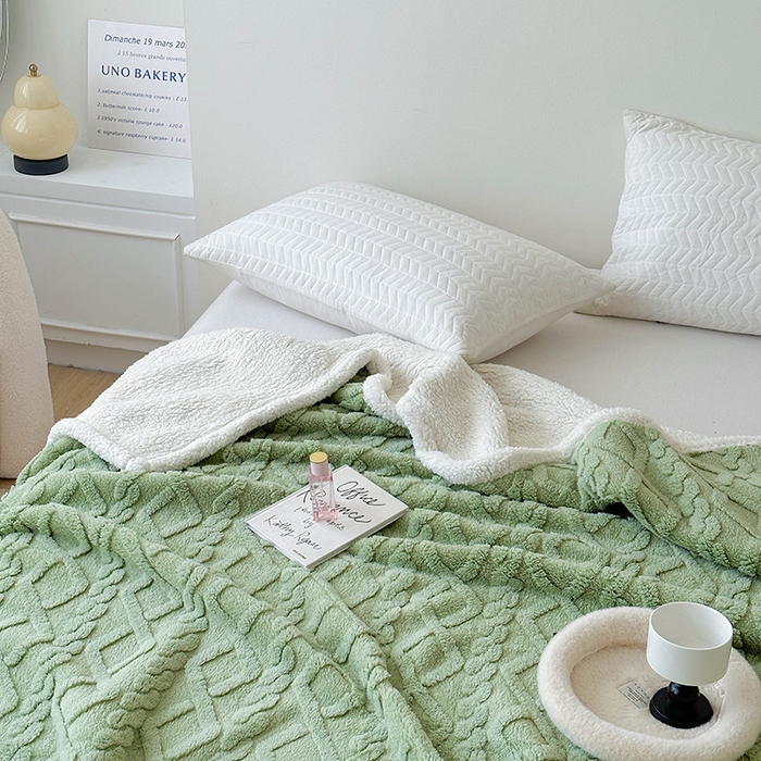 91家纺网 家纺一手货源 找家纺 梵希良品家纺 2025新款新款塔芙绒羊羔绒双层毯子加厚盖毯办公室午休沙发毯毯子 绿茶色