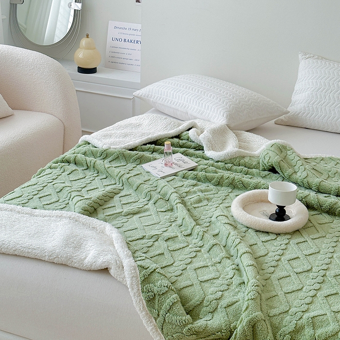 91家纺网 家纺一手货源 找家纺 梵希良品家纺 2025新款新款塔芙绒羊羔绒双层毯子加厚盖毯办公室午休沙发毯毯子 绿茶色