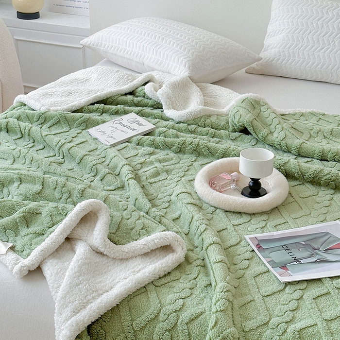 91家纺网 家纺一手货源 找家纺 梵希良品家纺 2025新款新款塔芙绒羊羔绒双层毯子加厚盖毯办公室午休沙发毯毯子 绿茶色