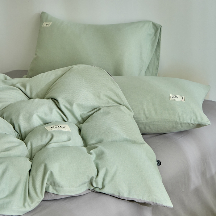 91家纺网 家纺一手货源 找家纺 贝尔 2025新款双拼全棉纯色素色色织磨毛加厚四件套 艾草绿-山灰