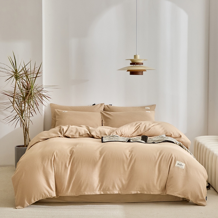 贝尔 2025新款双拼全棉纯色素色色织磨毛加厚四件套 奶咖-燕麦