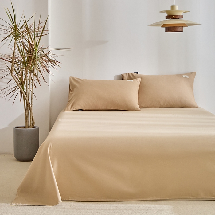 91家纺网 家纺一手货源 找家纺 贝尔 2025新款双拼全棉纯色素色色织磨毛加厚四件套 奶咖-燕麦