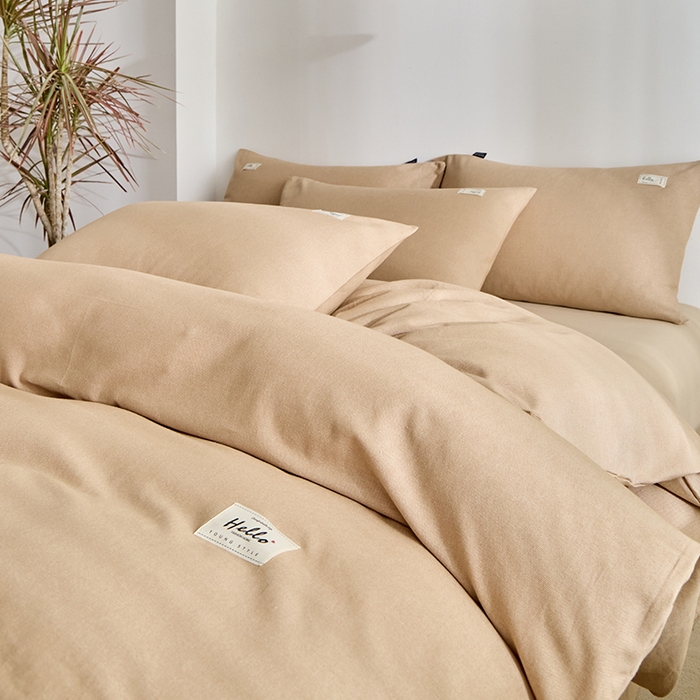 91家纺网 家纺一手货源 找家纺 贝尔 2025新款双拼全棉纯色素色色织磨毛加厚四件套 奶咖-燕麦